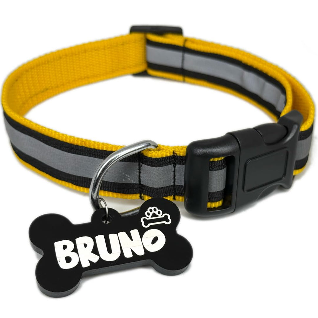 HANDMADE Reflective Dog Collar| Black (Yellow, Large)