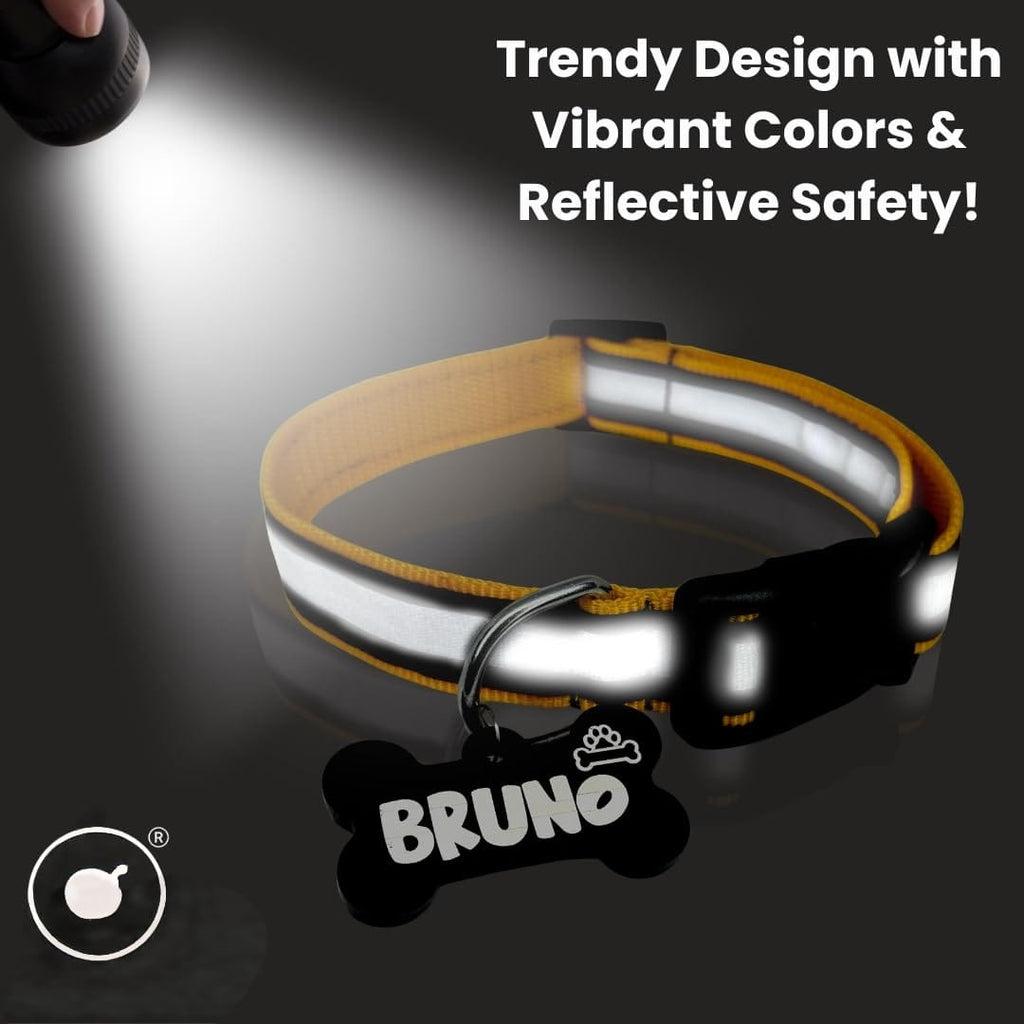 HANDMADE Reflective Dog Collar| Black (Yellow, Large)