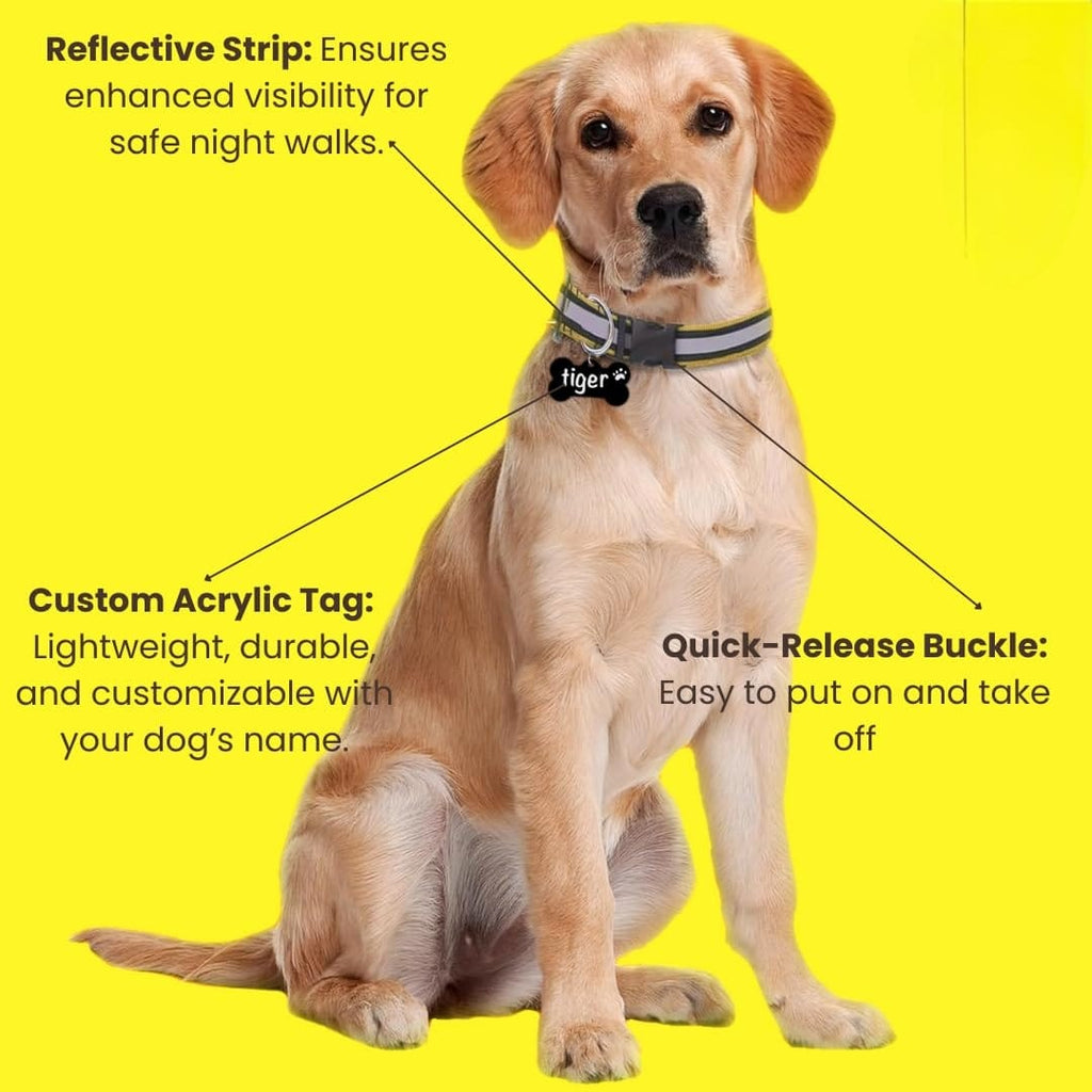 HANDMADE Reflective Dog Collar| Black (Yellow, Large)